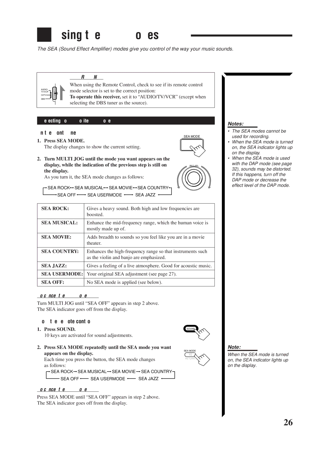 JVC RX-1024VBK manual Using the SEA Modes, Selecting Your Favorite SEA Mode, To cancel the SEA mode 