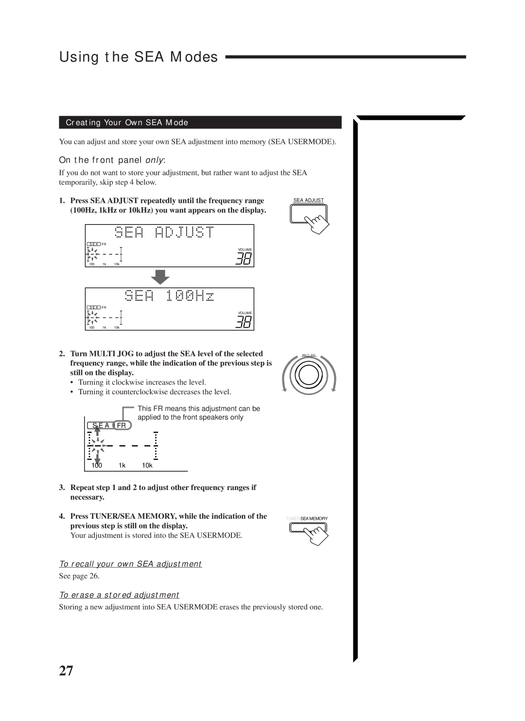 JVC RX-1024VBK manual Using the SEA Modes, Creating Your Own SEA Mode, To recall your own SEA adjustment 