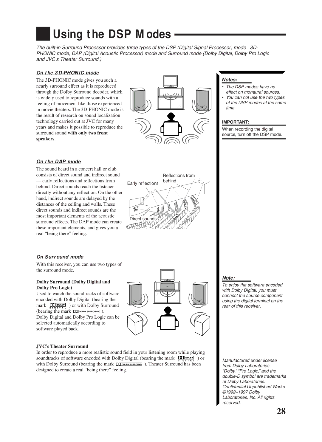 JVC RX-1024VBK manual Using the DSP Modes, On the 3D-PHONIC mode, On the DAP mode, On Surround mode 