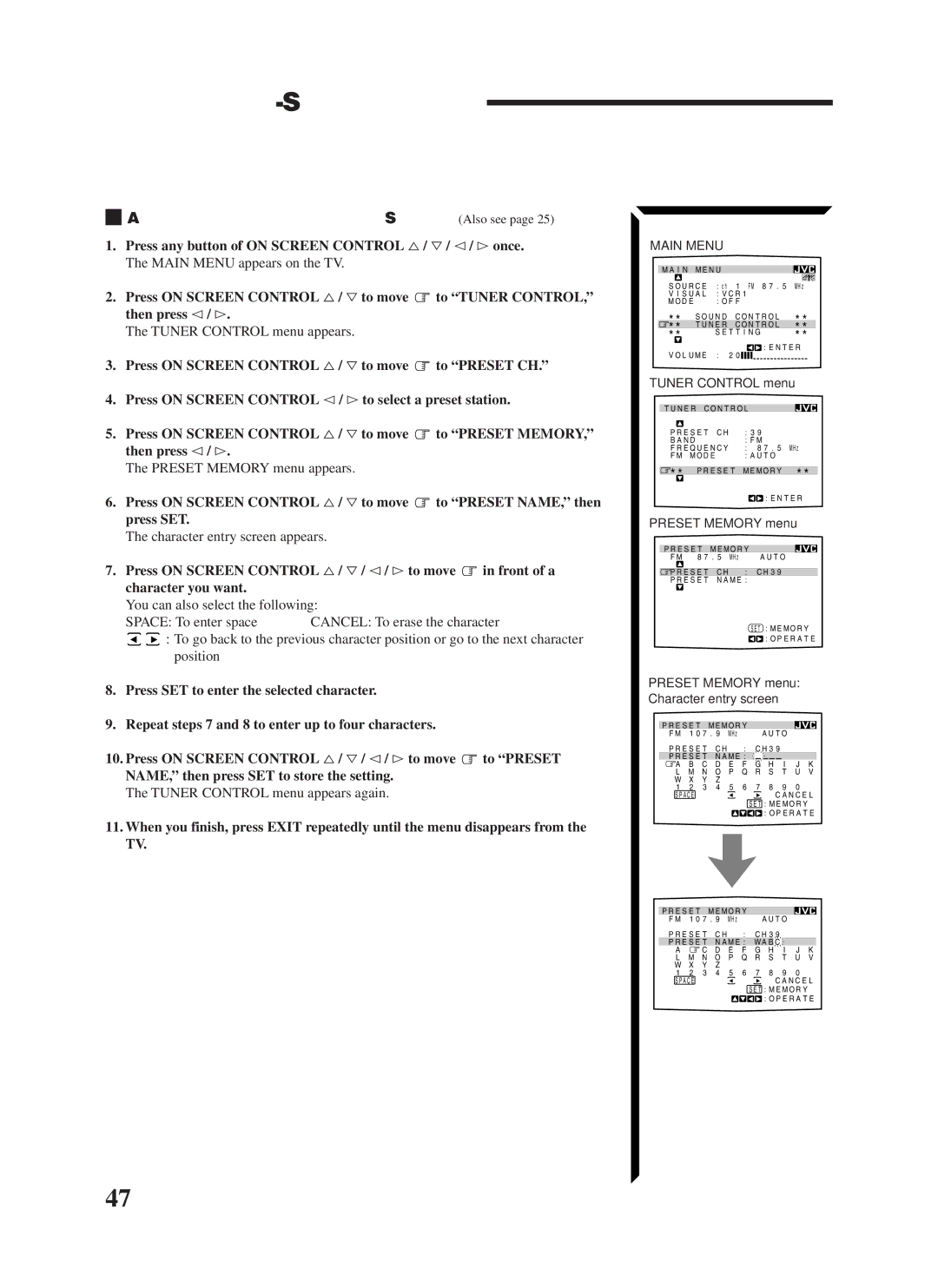 JVC RX-1024VBK manual Assigning Names to the Preset Stations Also see, Character entry screen appears 