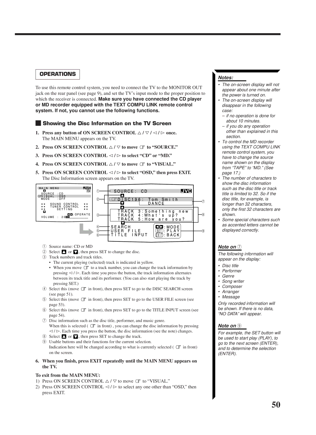 JVC RX-1024VBK manual Operations, Showing the Disc Information on the TV Screen 