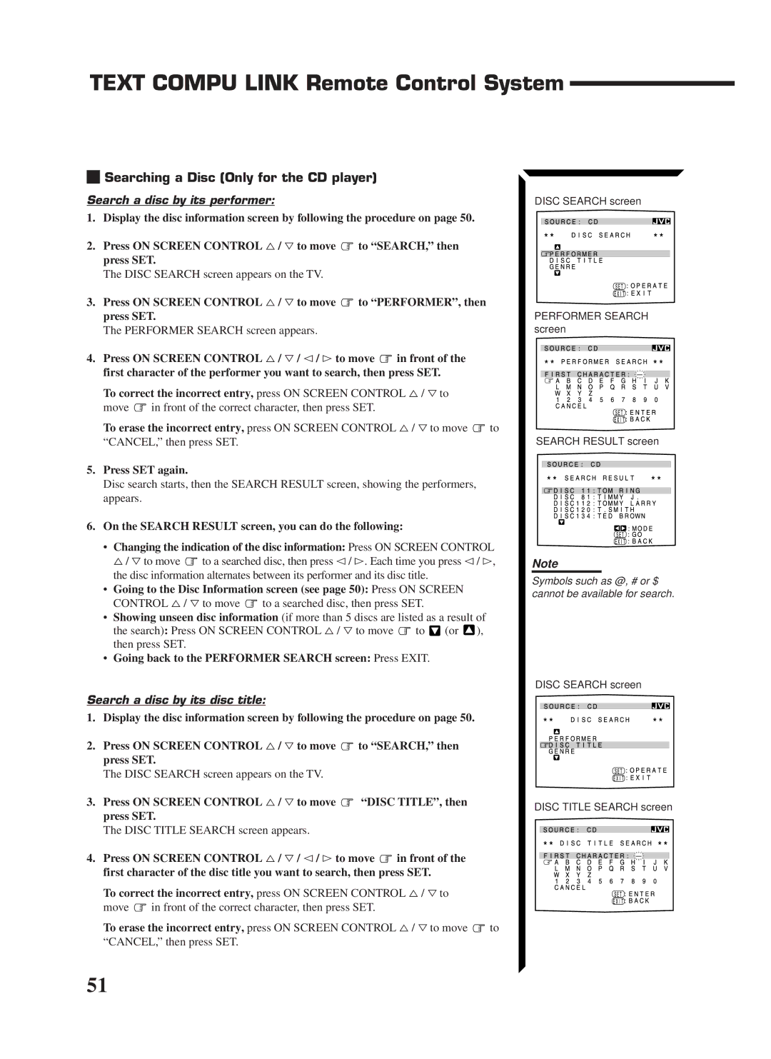 JVC RX-1024VBK manual Text Compu Link Remote Control System, Searching a Disc Only for the CD player 