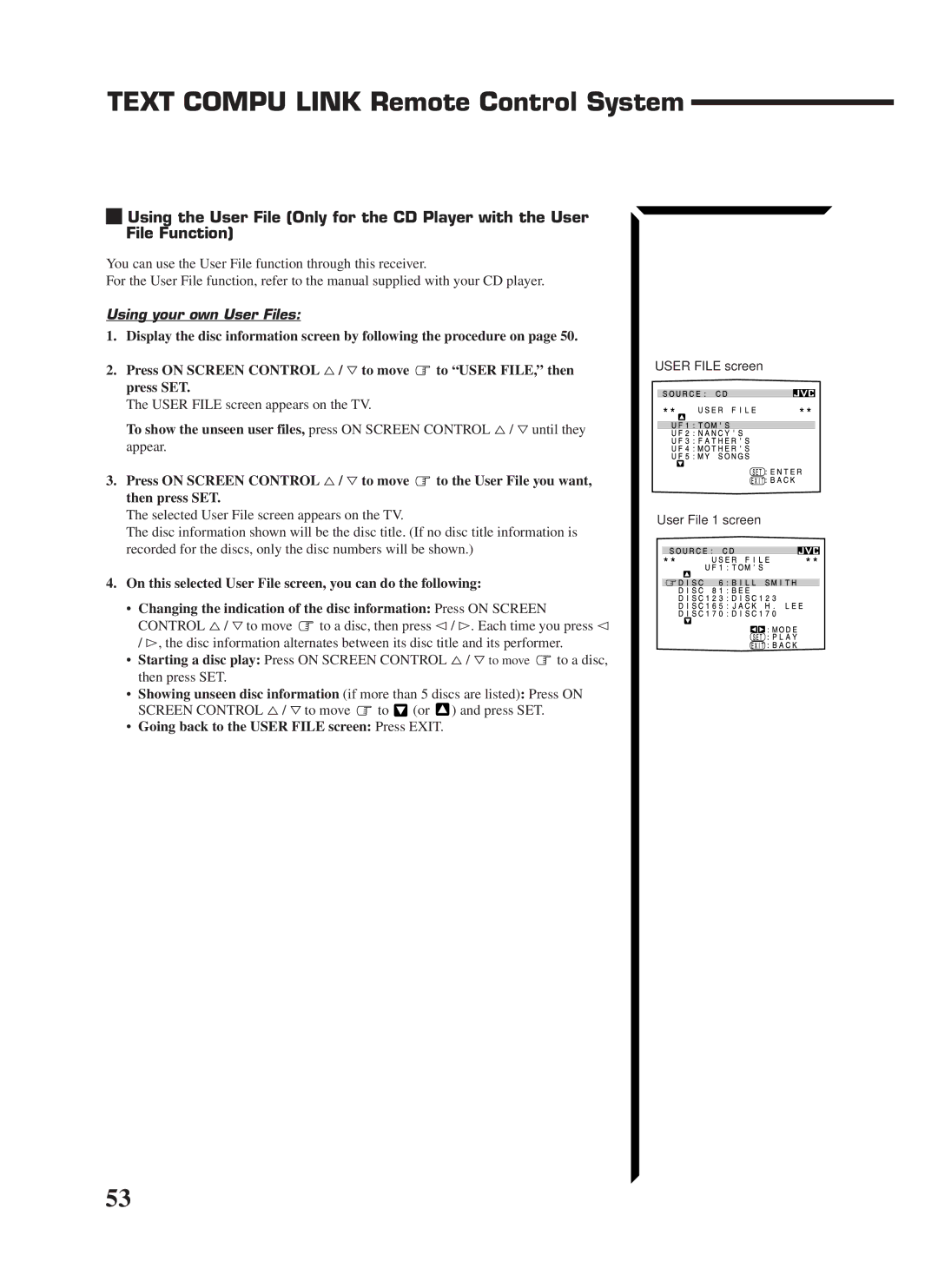 JVC RX-1024VBK manual Using your own User Files, Going back to the User File screen Press Exit 