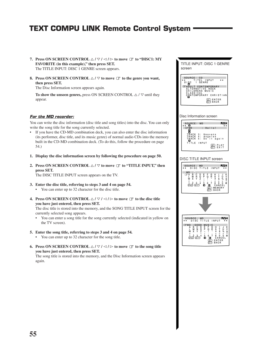 JVC RX-1024VBK manual For the MD recorder, Enter the disc title, referring to steps 3 and 4 on 