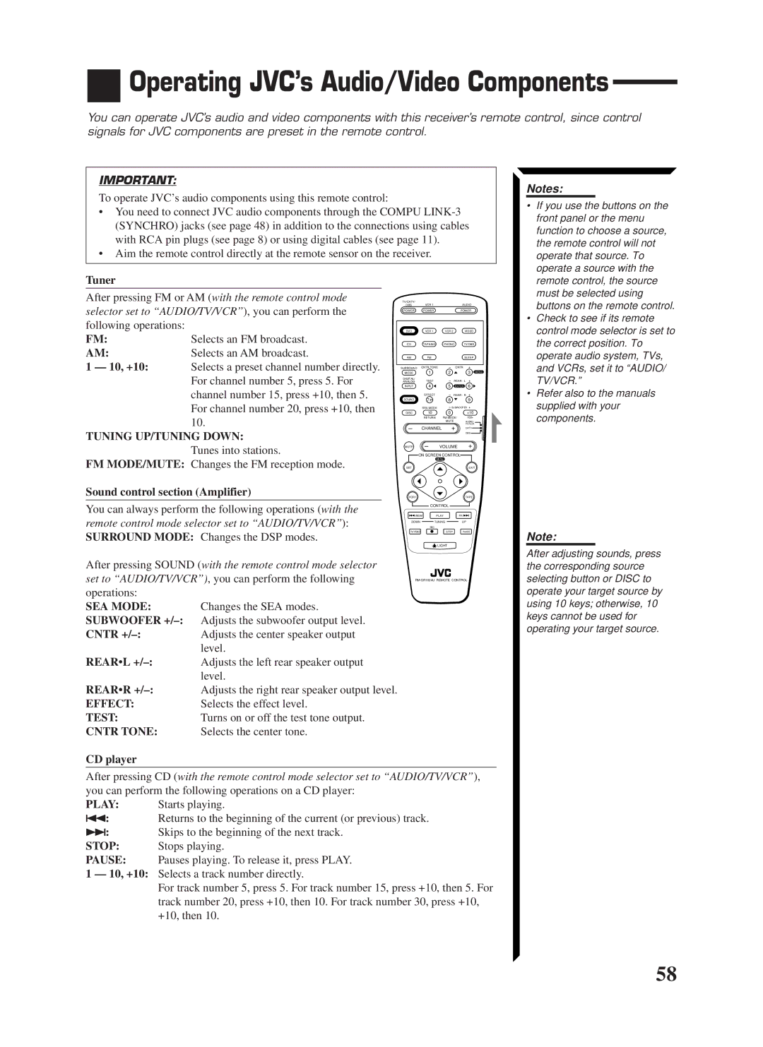 JVC RX-1024VBK manual Operating JVC’s Audio/Video Components 