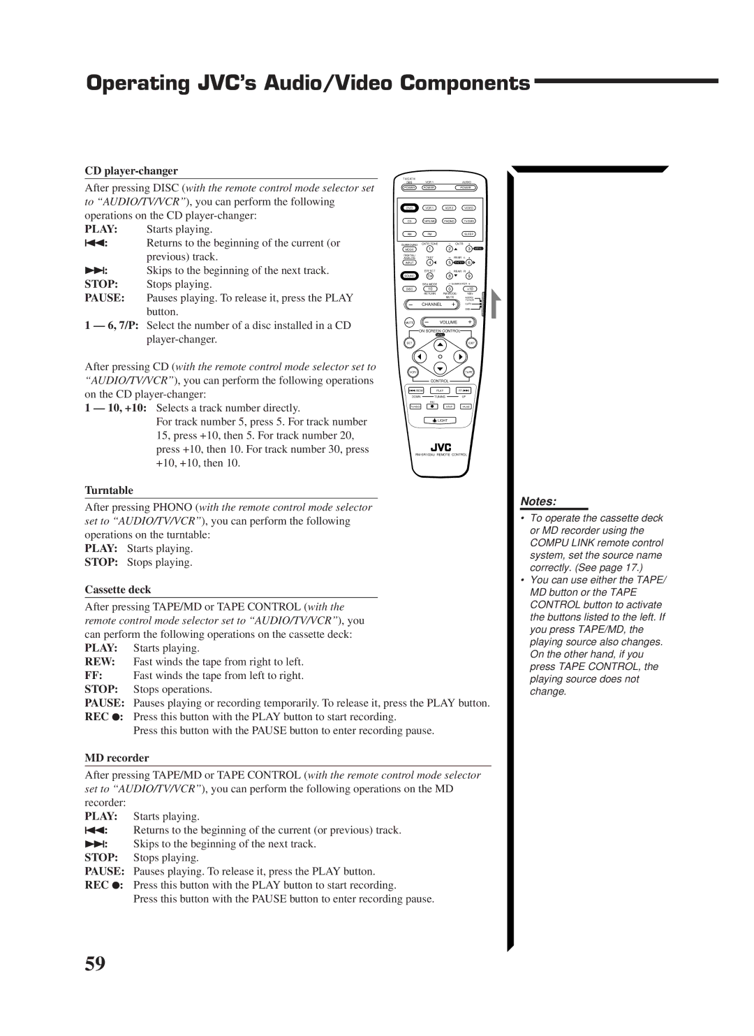 JVC RX-1024VBK manual Operating JVC’s Audio/Video Components, Pause REC 