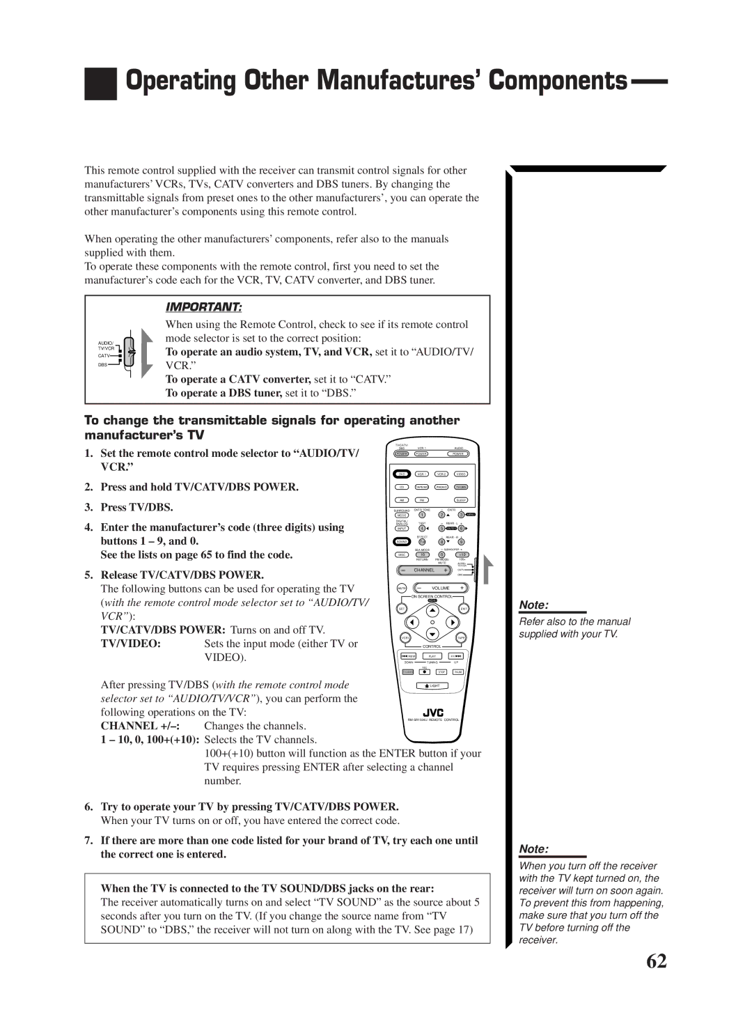 JVC RX-1024VBK manual Operating Other Manufactures’ Components, Following buttons can be used for operating the TV 