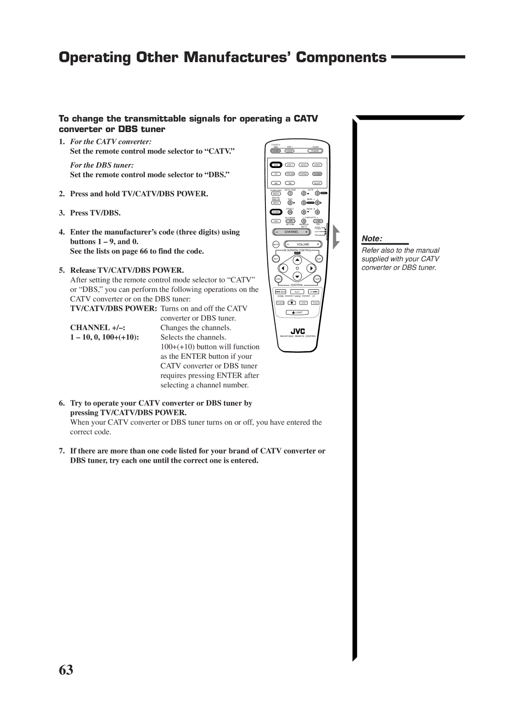 JVC RX-1024VBK manual Operating Other Manufactures’ Components, Set the remote control mode selector to Catv, Channel + 