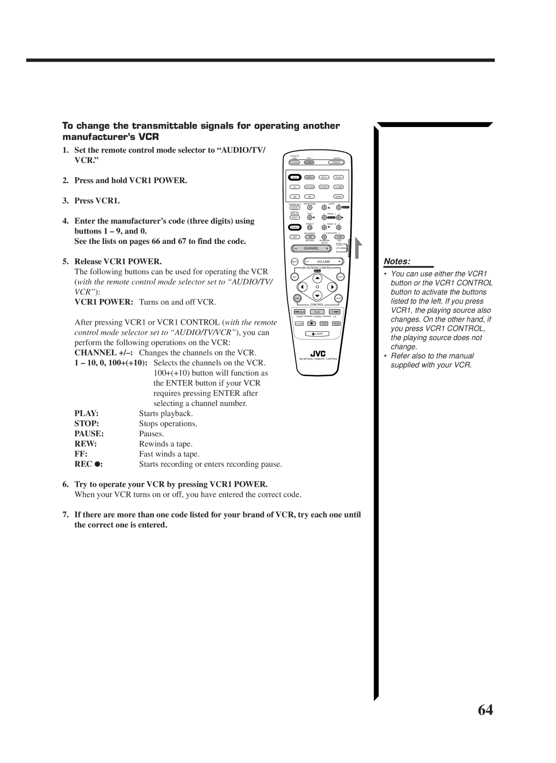 JVC RX-1024VBK manual Starts playback, Pauses, Try to operate your VCR by pressing VCR1 Power 