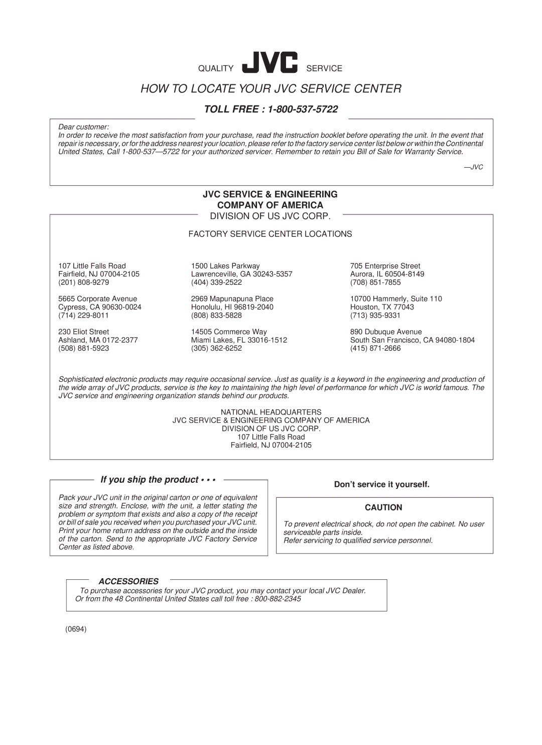 JVC RX-1024VBK manual HOW to Locate Your JVC Service Center 