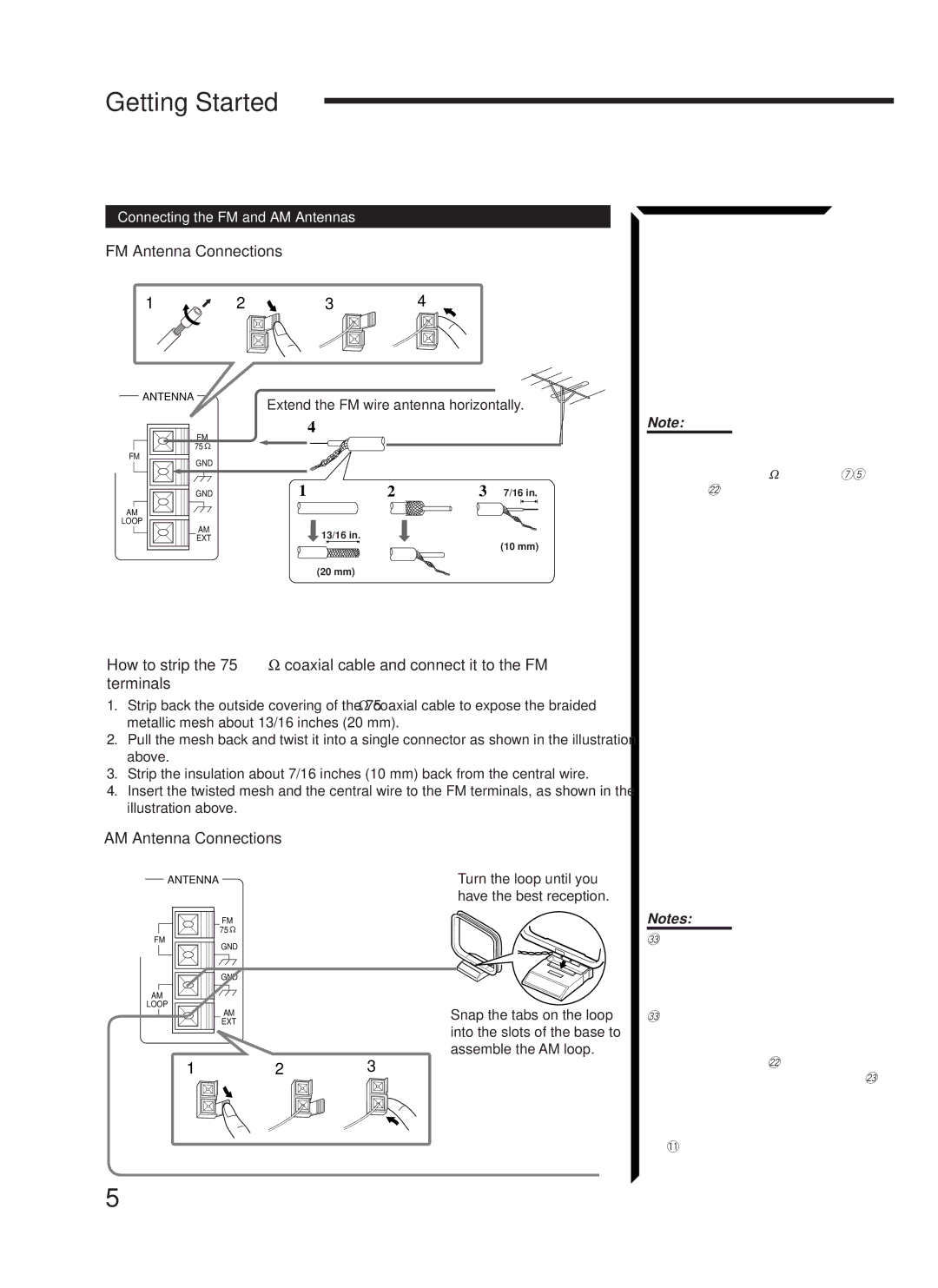 JVC RX-1024VBK manual Getting Started, FM Antenna Connections, AM Antenna Connections, Connecting the FM and AM Antennas 