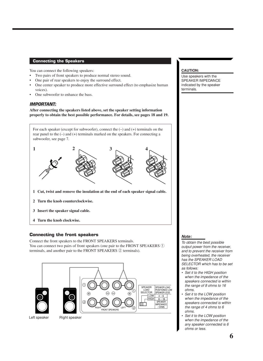 JVC RX-1024VBK manual Connecting the front speakers, Connecting the Speakers 