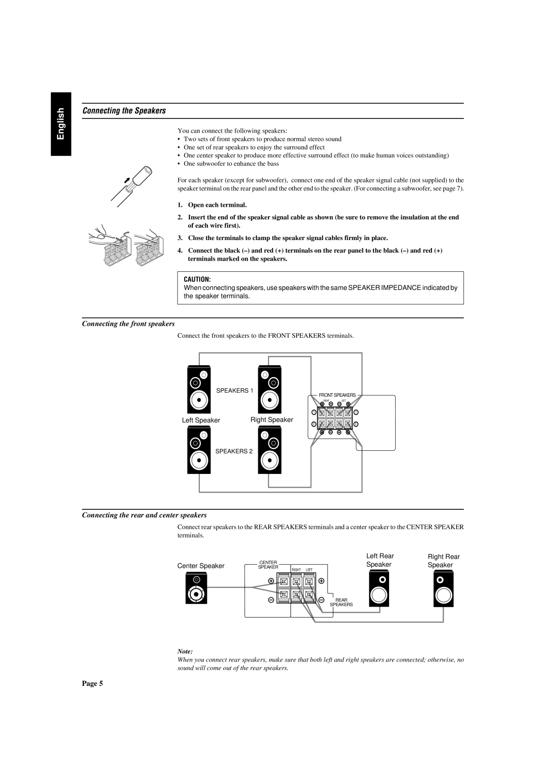 JVC RX-430VBK manual Connecting the Speakers, Connecting the front speakers, Connecting the rear and center speakers 