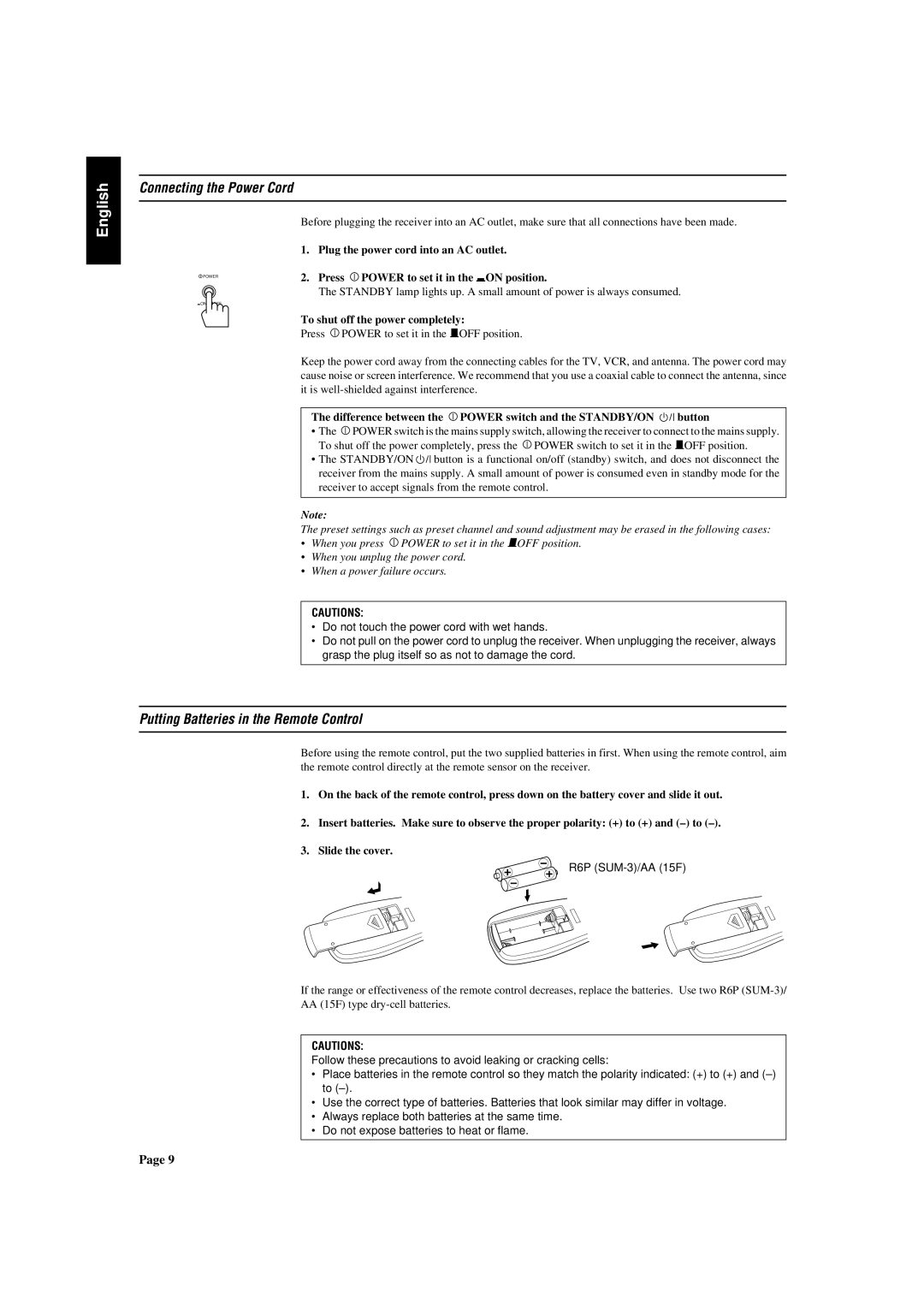 JVC RX-430VBK Connecting the Power Cord, Putting Batteries in the Remote Control, Plug the power cord into an AC outlet 