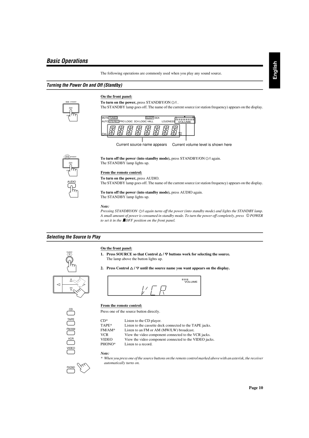 JVC RX-430VBK manual Basic Operations, Turning the Power On and Off Standby, Selecting the Source to Play 