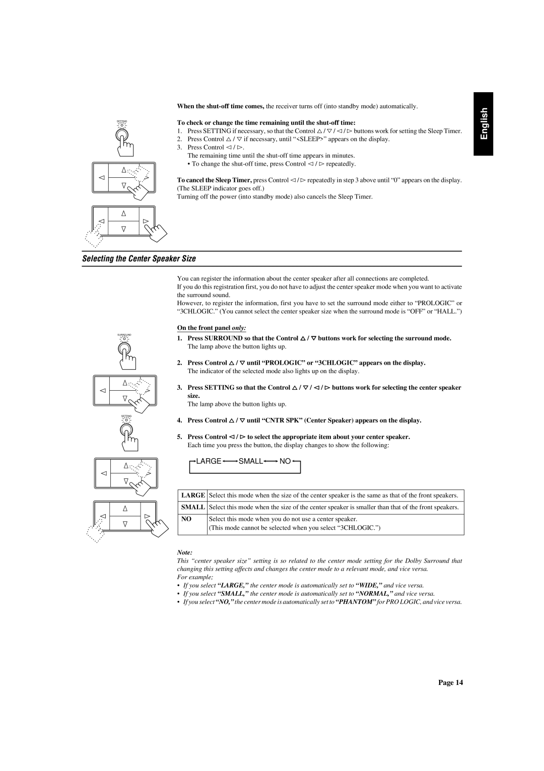 JVC RX-430VBK manual Selecting the Center Speaker Size, Large Small no 
