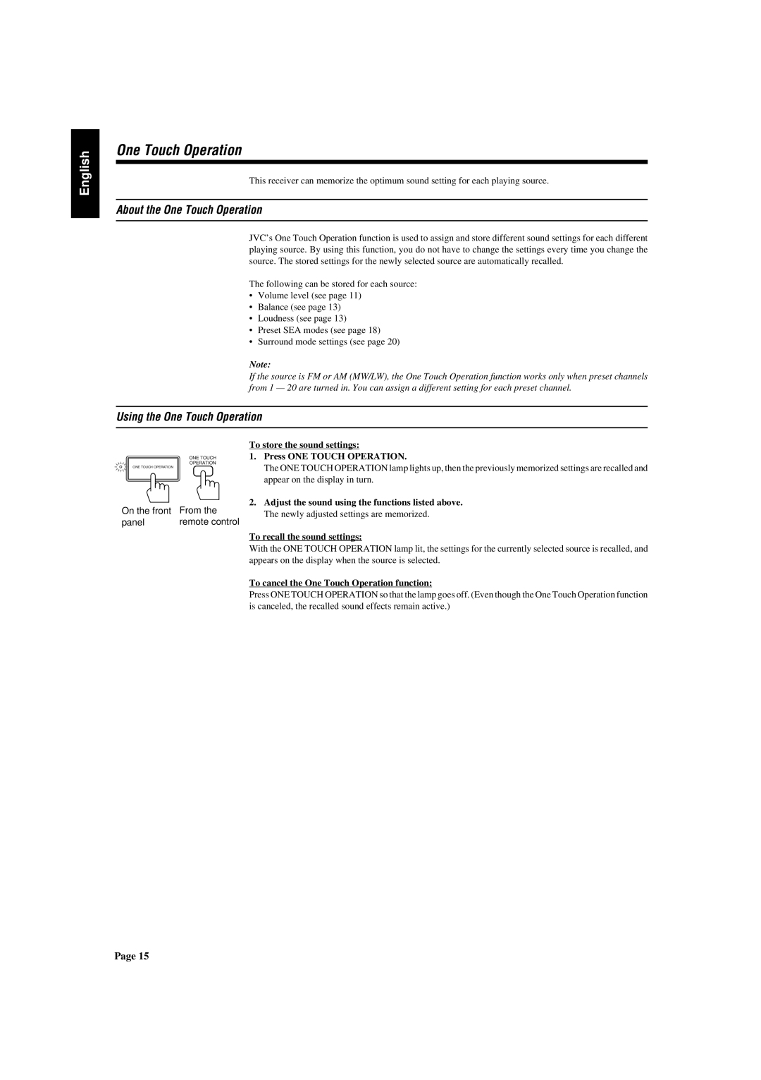 JVC RX-430VBK About the One Touch Operation, Using the One Touch Operation, To cancel the One Touch Operation function 