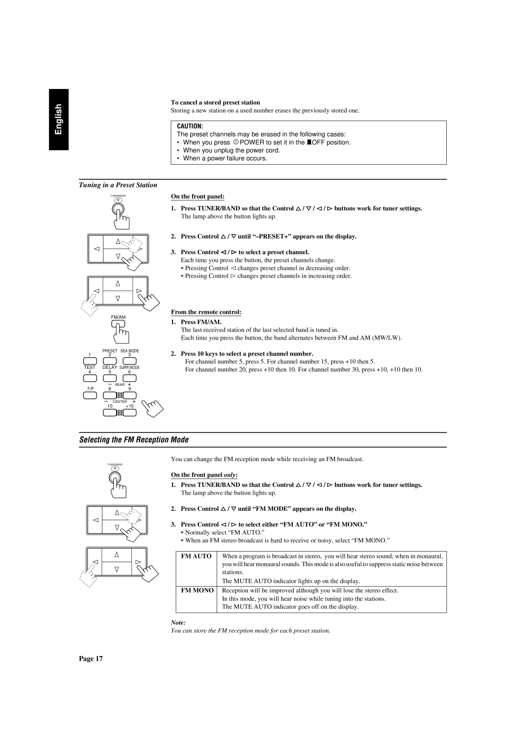 JVC RX-430VBK manual Selecting the FM Reception Mode, Tuning in a Preset Station, FM Auto, FM Mono 