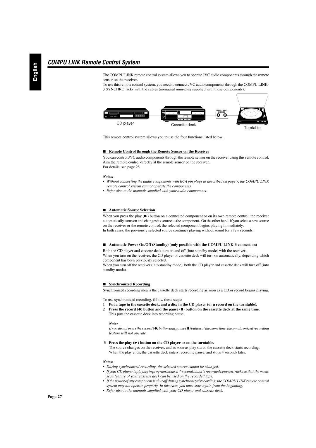 JVC RX-430VBK manual Compu Link Remote Control System, Remote Control through the Remote Sensor on the Receiver 