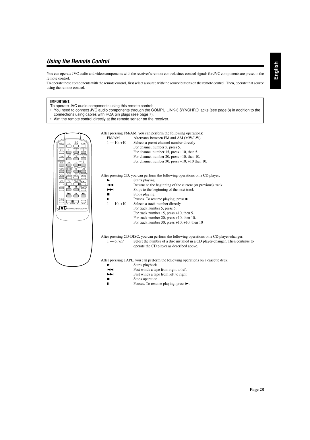 JVC RX-430VBK manual Using the Remote Control 