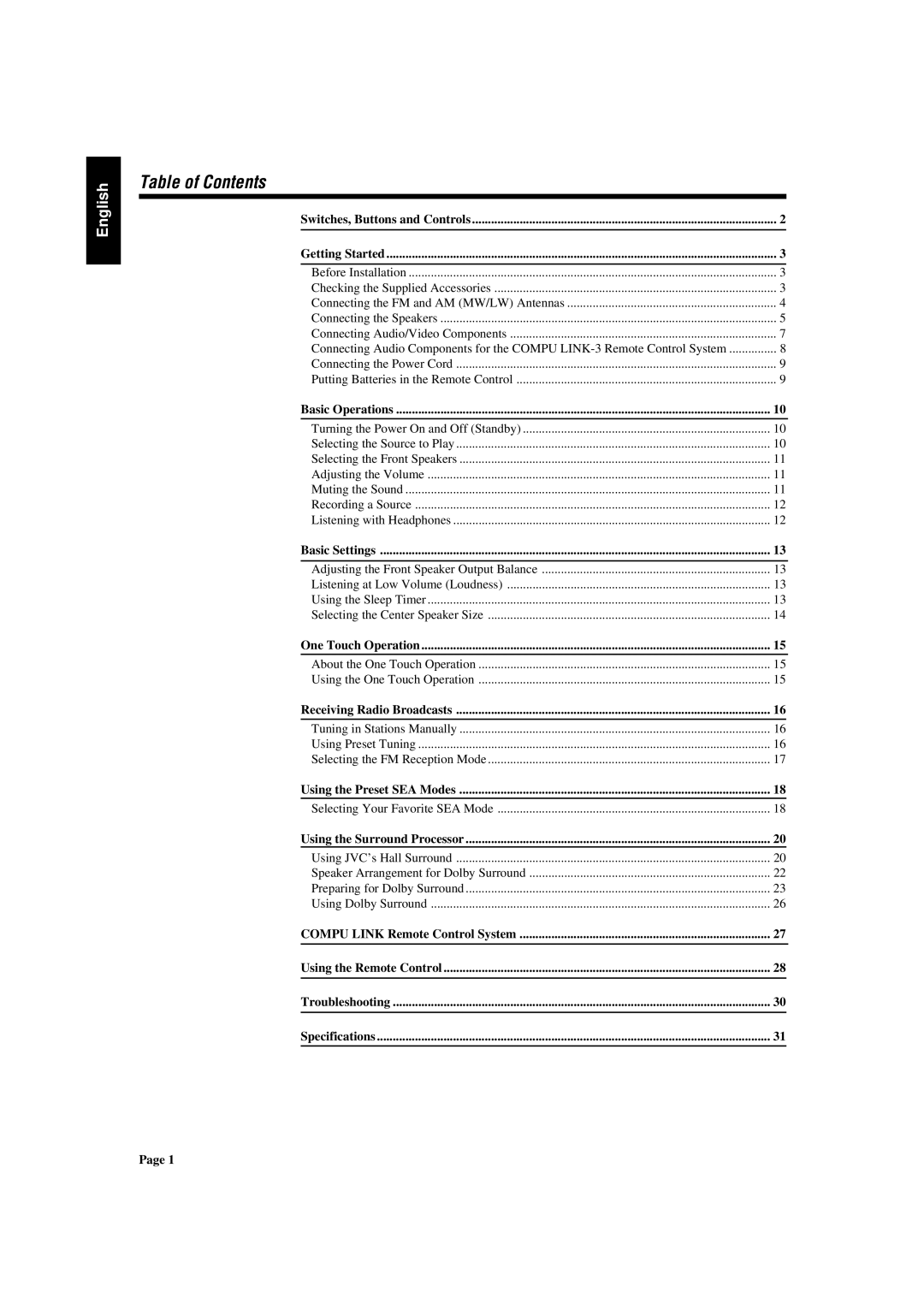 JVC RX-430VBK manual Table of Contents 