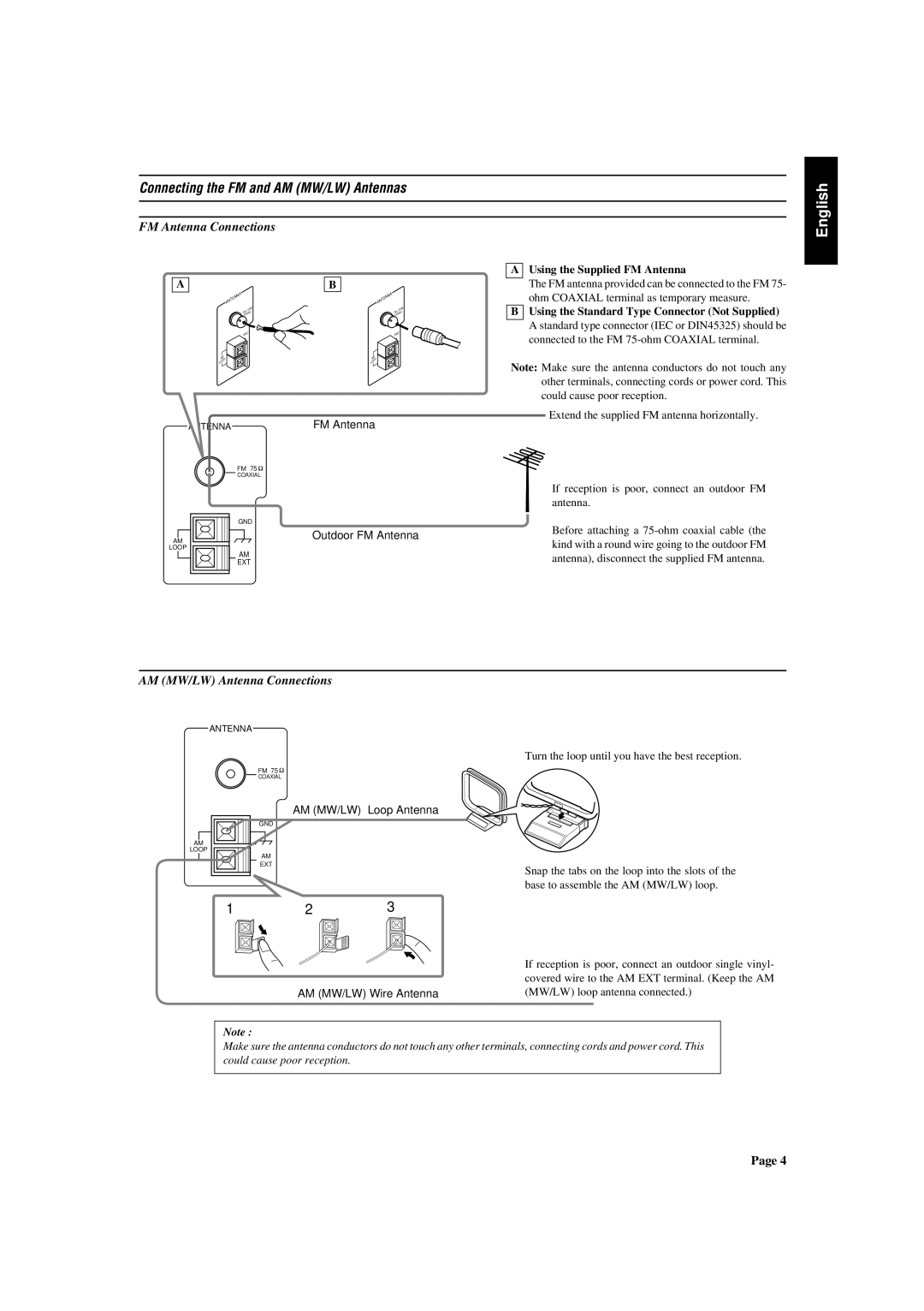 JVC RX-430VBK manual Connecting the FM and AM MW/LW Antennas, FM Antenna Connections, AM MW/LW Antenna Connections 