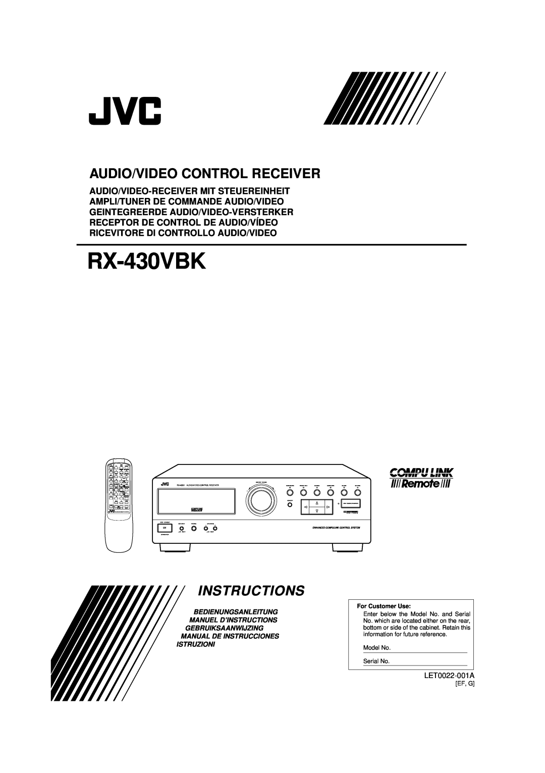 JVC RX-430VBK manual LET0022-001A, Audio/Video Control Receiver, Bedienungsanleitung Manuel D’Instructions, Istruzioni 