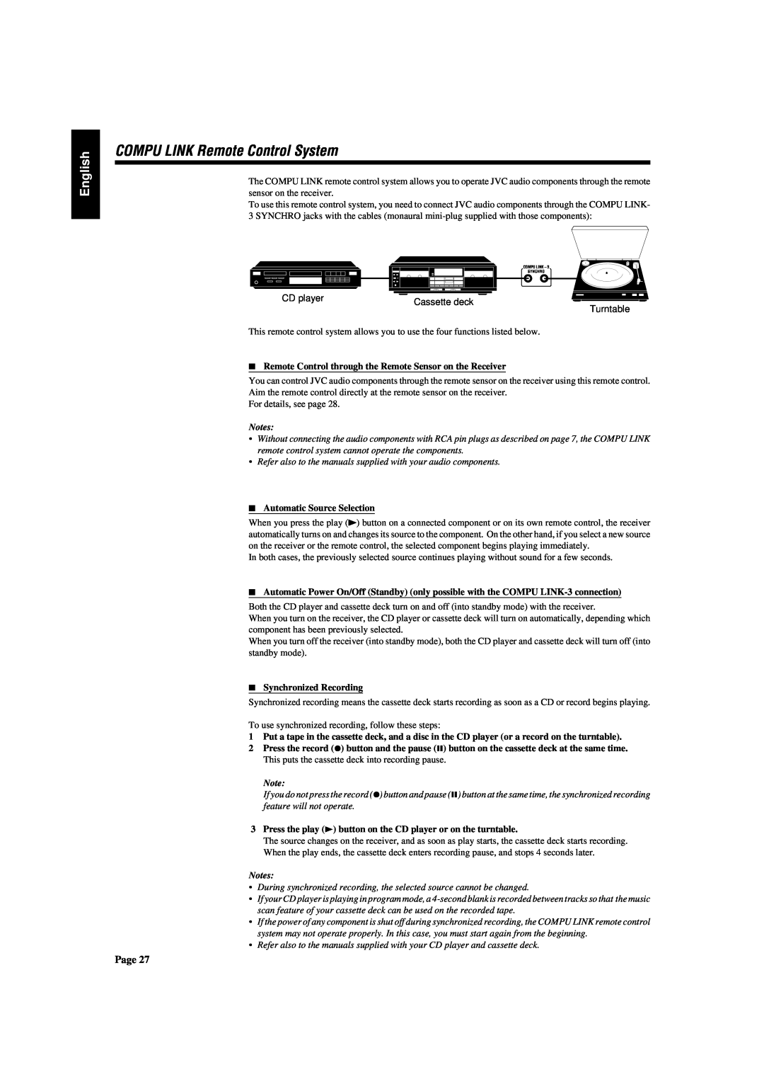 JVC RX-430VBK manual COMPU LINK Remote Control System, English, Notes 