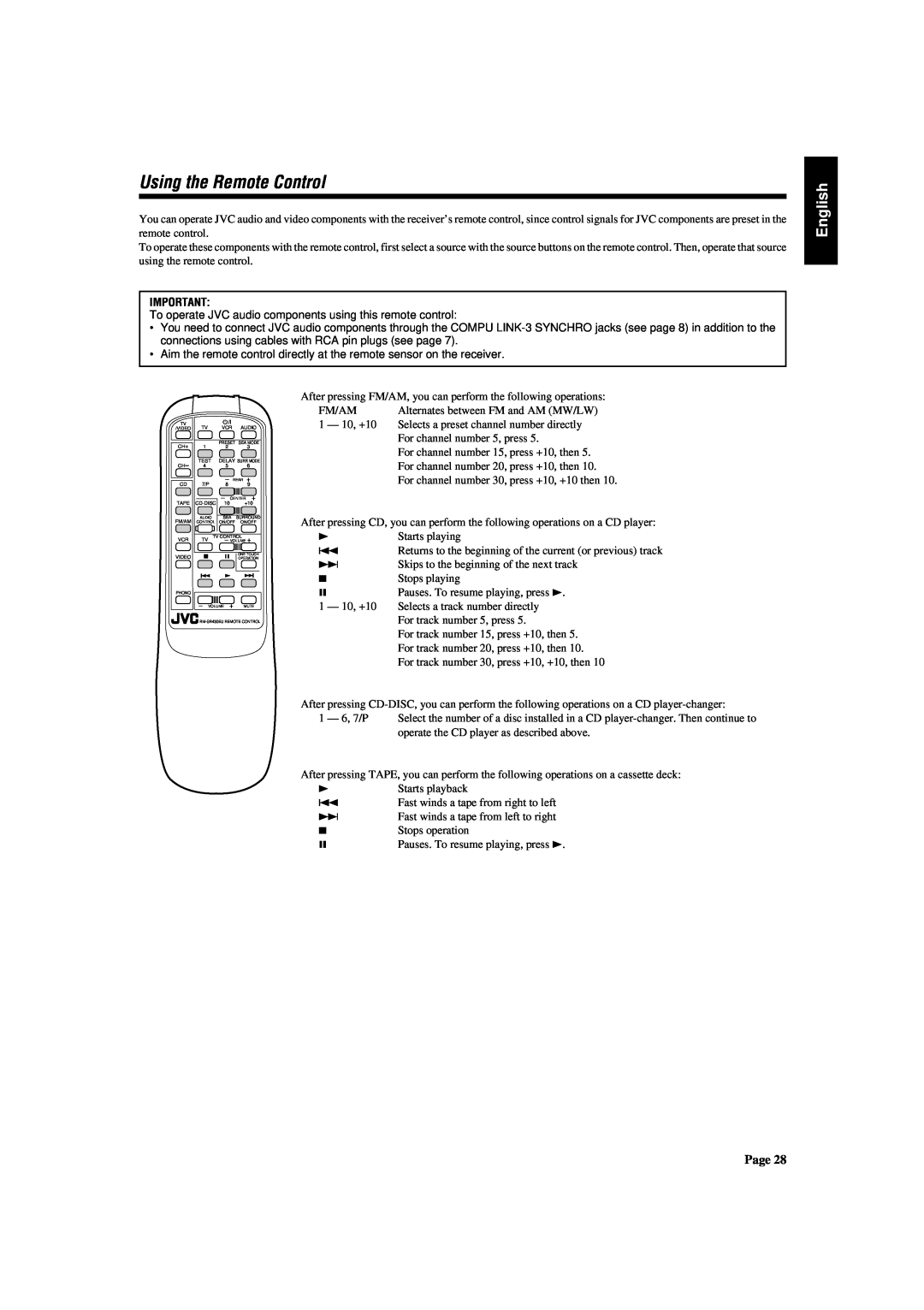 JVC RX-430VBK manual Using the Remote Control, English 