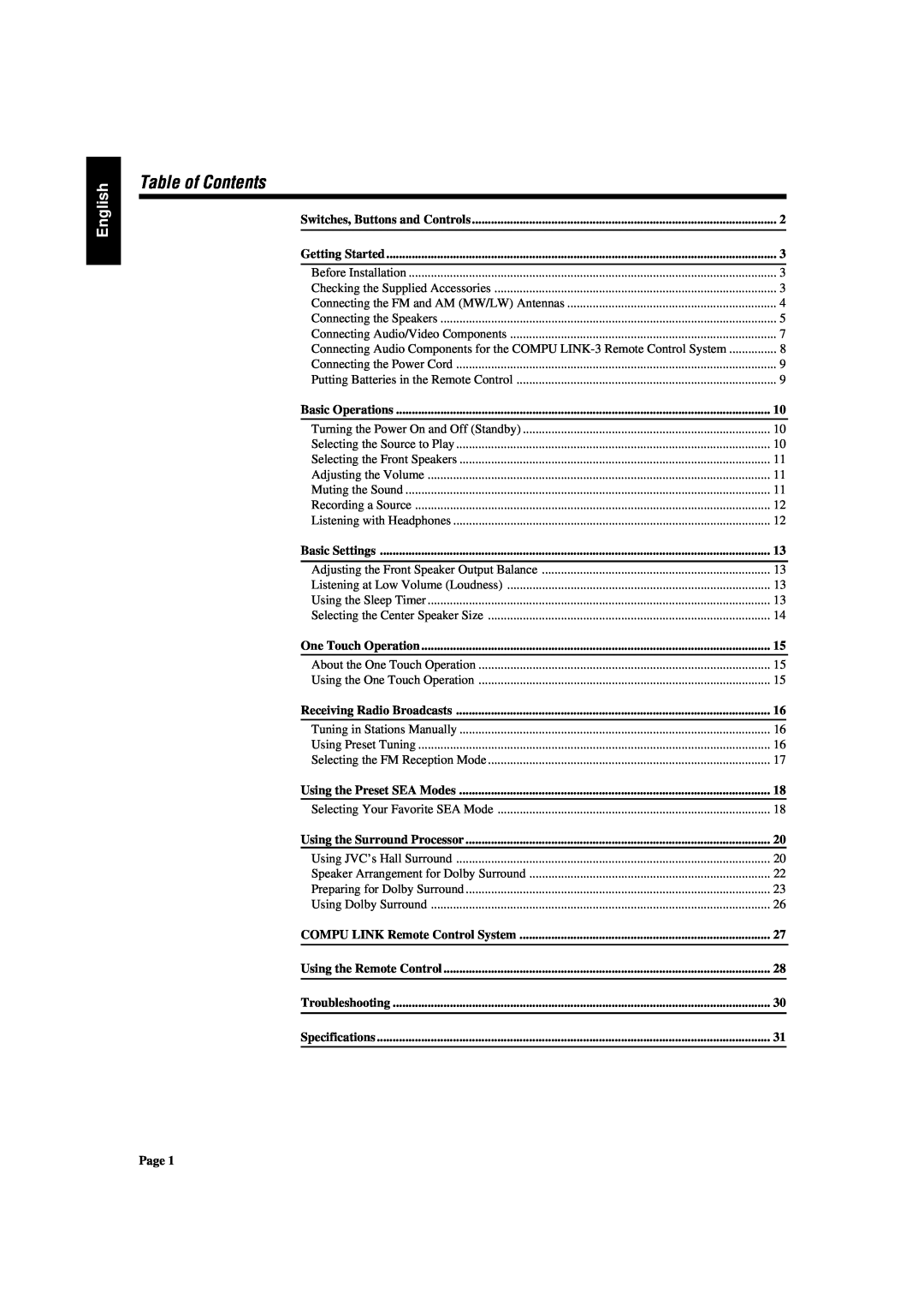JVC RX-430VBK manual Table of Contents, English 