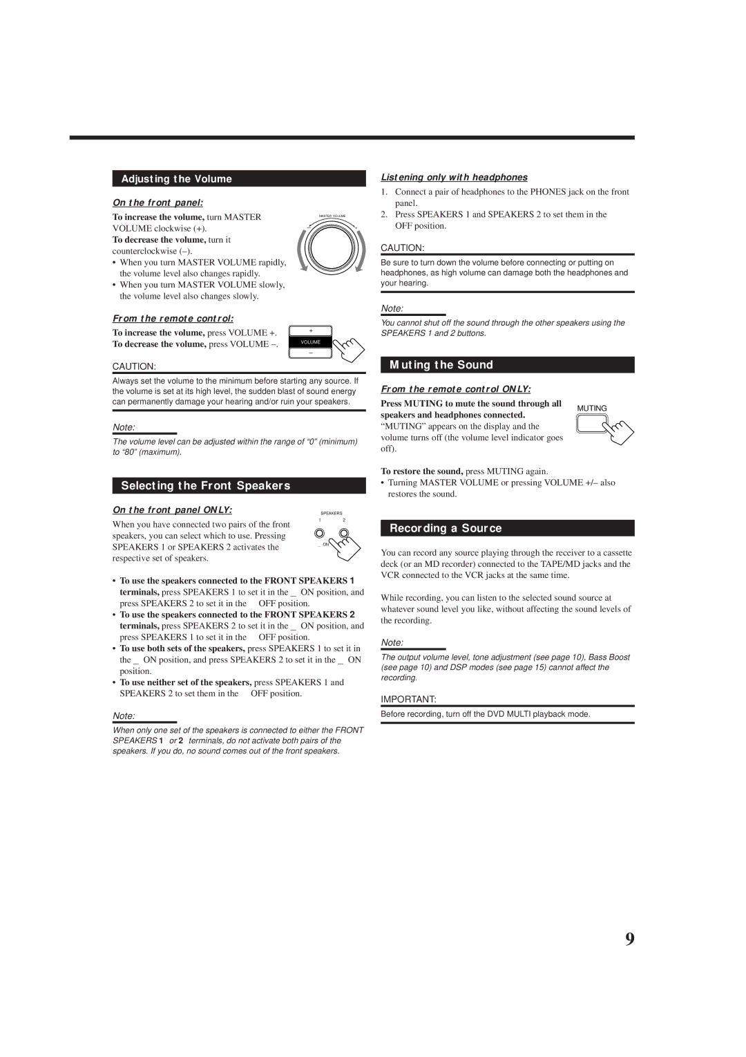 JVC RX-5000VBK manual Muting the Sound, Selecting the Front Speakers, Recording a Source 