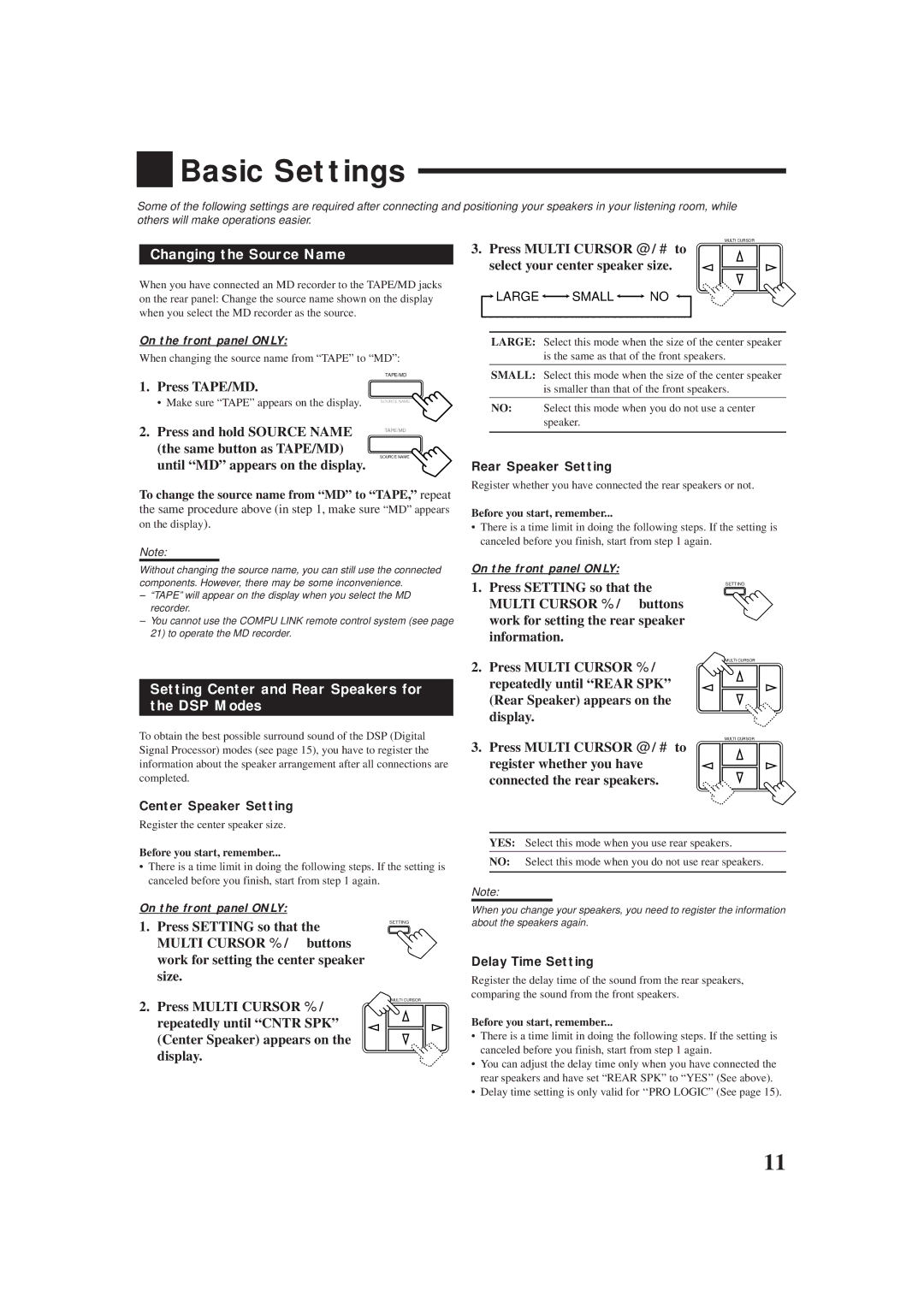 JVC RX-5000VBK manual Changing the Source Name, Setting Center and Rear Speakers for DSP Modes 