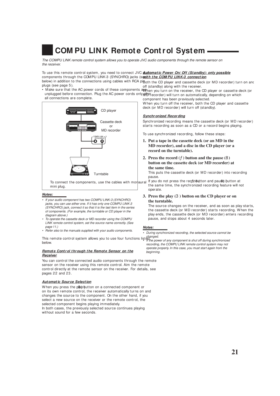 JVC RX-5000VBK manual Compu Link Remote Control System, Same time, Remote Control through the Remote Sensor on the Receiver 