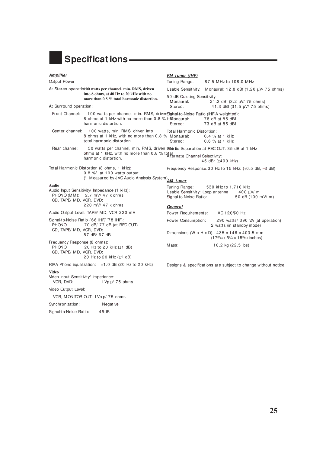 JVC RX-5000VBK manual Specifications, Amplifier, FM tuner IHF, AM tuner, General 