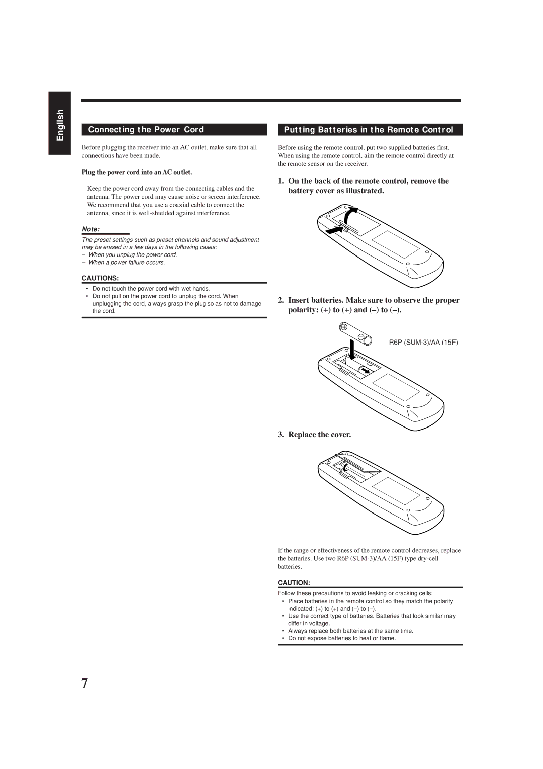 JVC RX-5001VGD Connecting the Power Cord, Putting Batteries in the Remote Control, Replace the cover, R6P SUM-3/AA 15F 