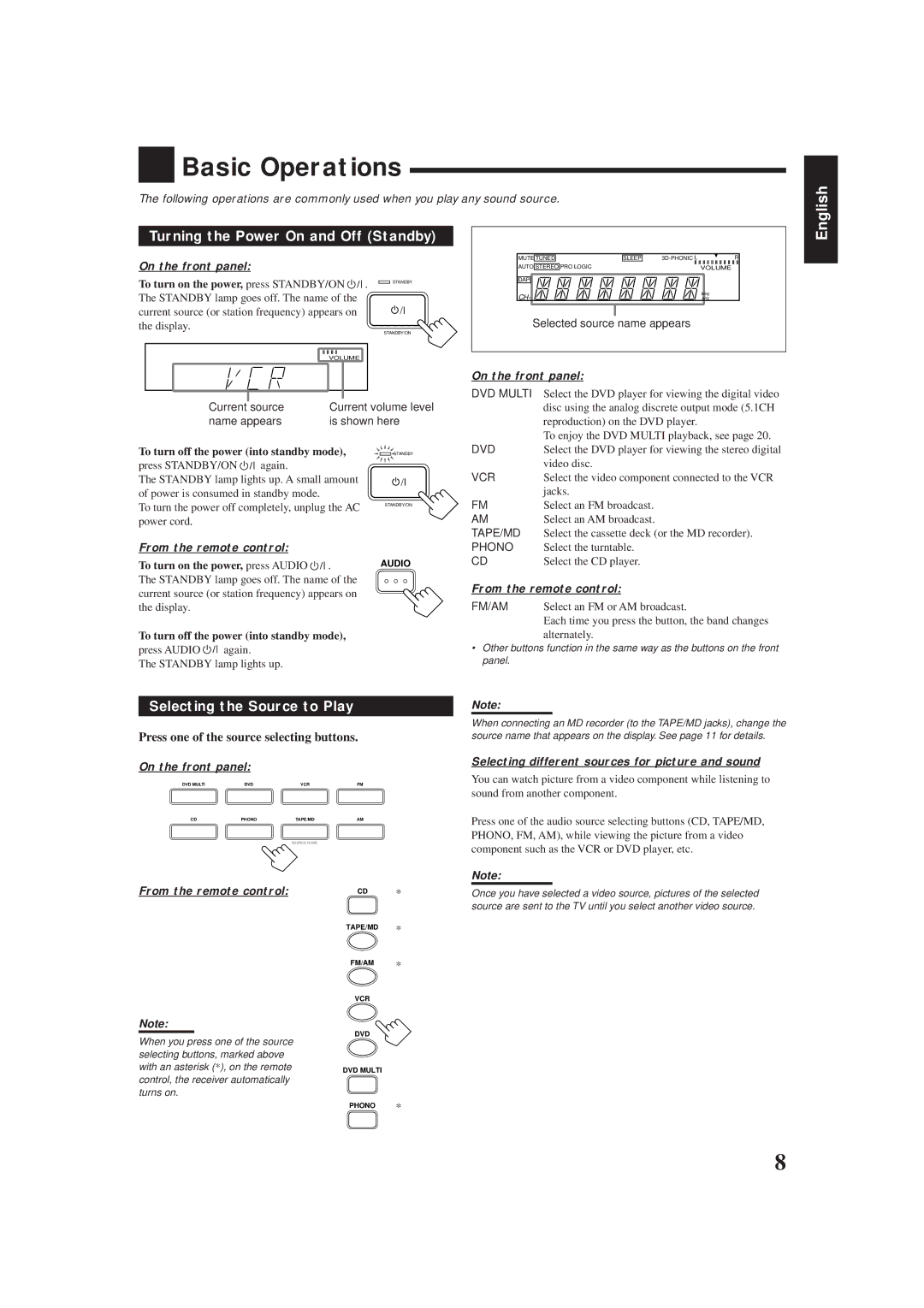 JVC RX-5001VGD manual Basic Operations, Turning the Power On and Off Standby, Selecting the Source to Play 