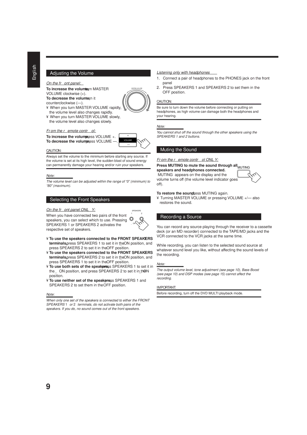 JVC RX-5001VGD manual Adjusting the Volume, Muting the Sound, Selecting the Front Speakers, Recording a Source 