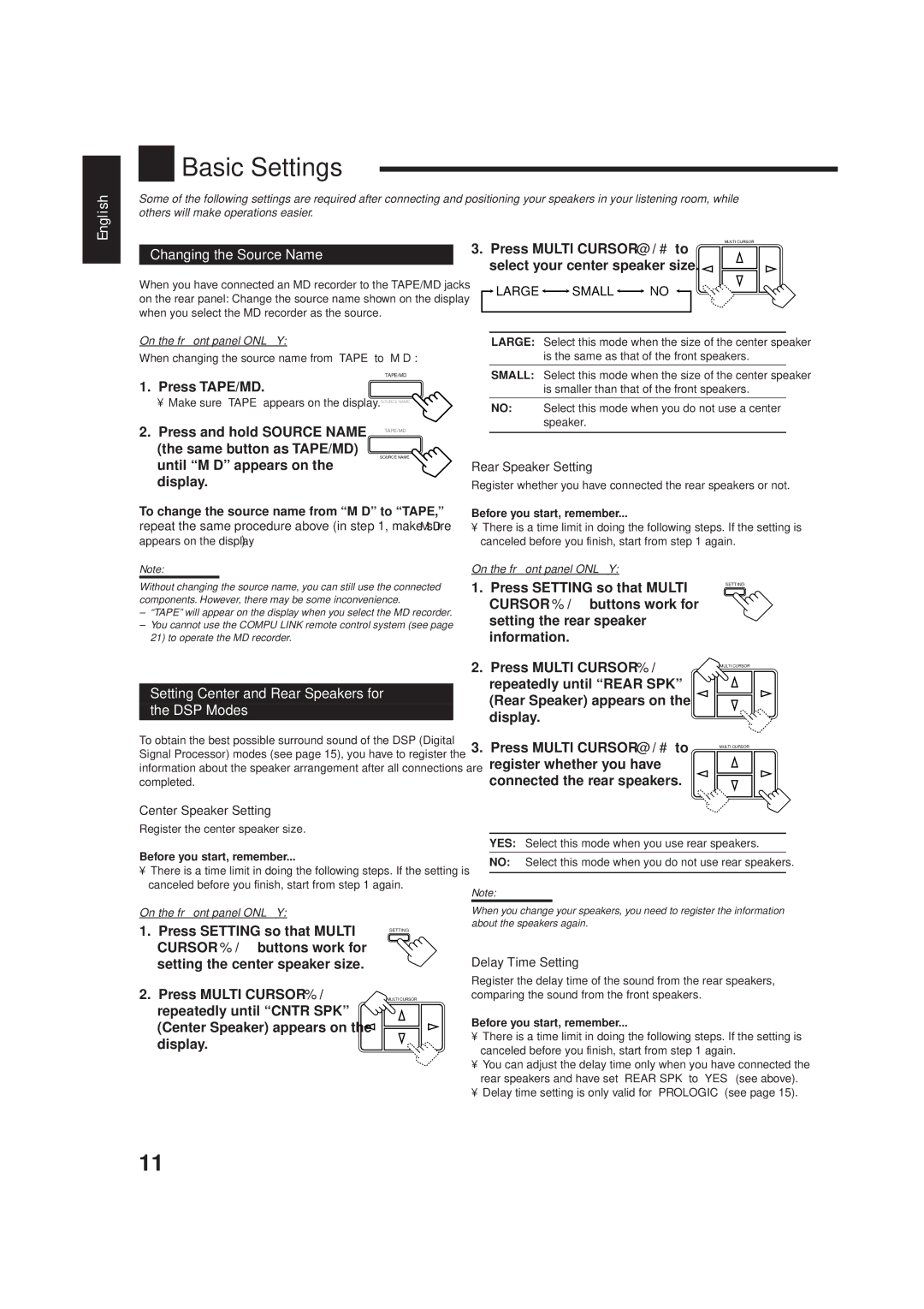 JVC RX-5001VGD manual Basic Settings, Changing the Source Name, Setting Center and Rear Speakers for DSP Modes 