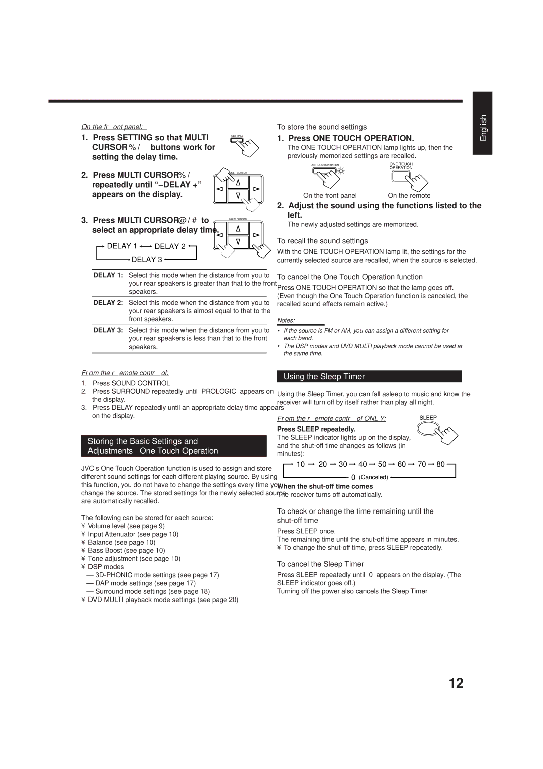 JVC RX-5001VGD manual Storing the Basic Settings Adjustments One Touch Operation, Using the Sleep Timer 