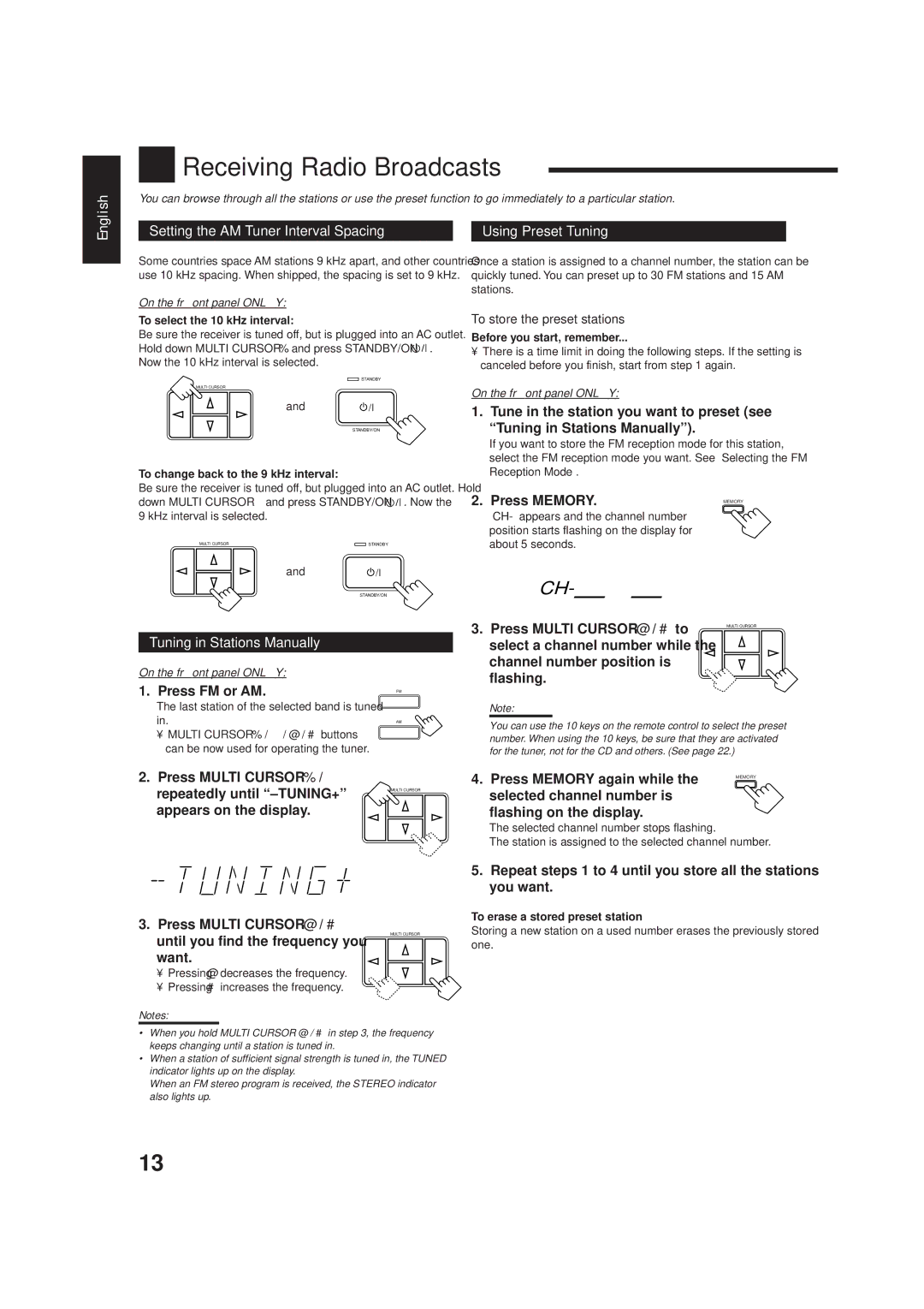 JVC RX-5001VGD manual Receiving Radio Broadcasts, Setting the AM Tuner Interval Spacing, Using Preset Tuning 