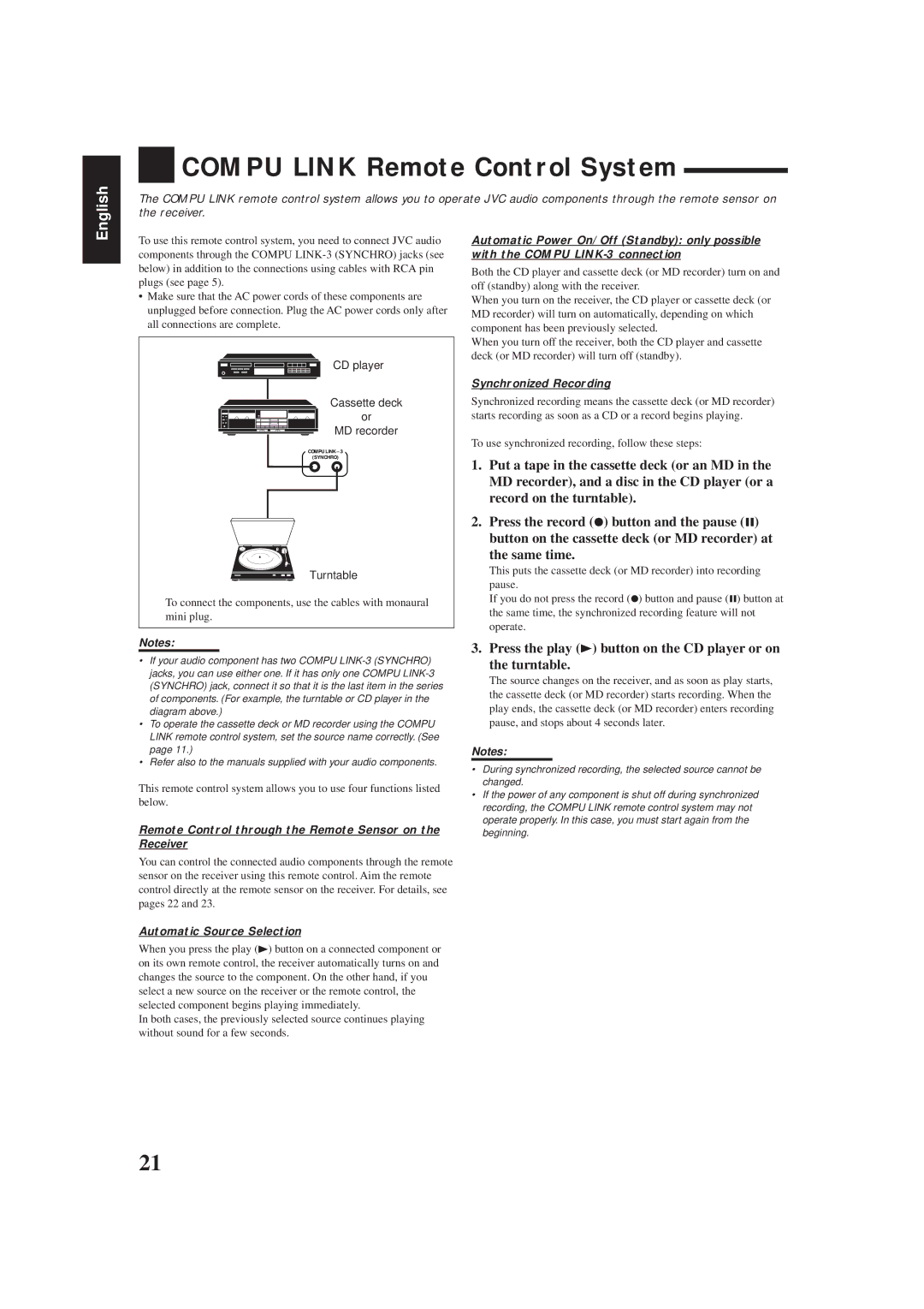 JVC RX-5001VGD manual Compu Link Remote Control System, Same time, Remote Control through the Remote Sensor on the Receiver 