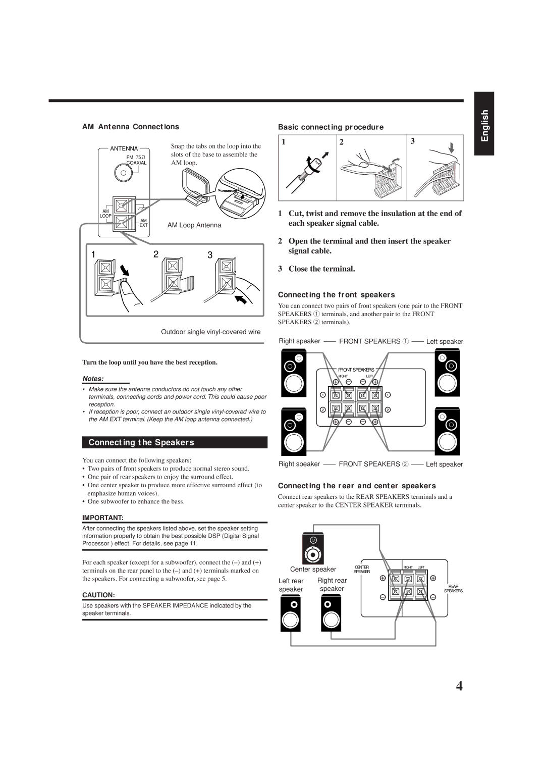 JVC RX-5001VGD Connecting the Speakers, AM Antenna ConnectionsBasic connecting procedure, Connecting the front speakers 