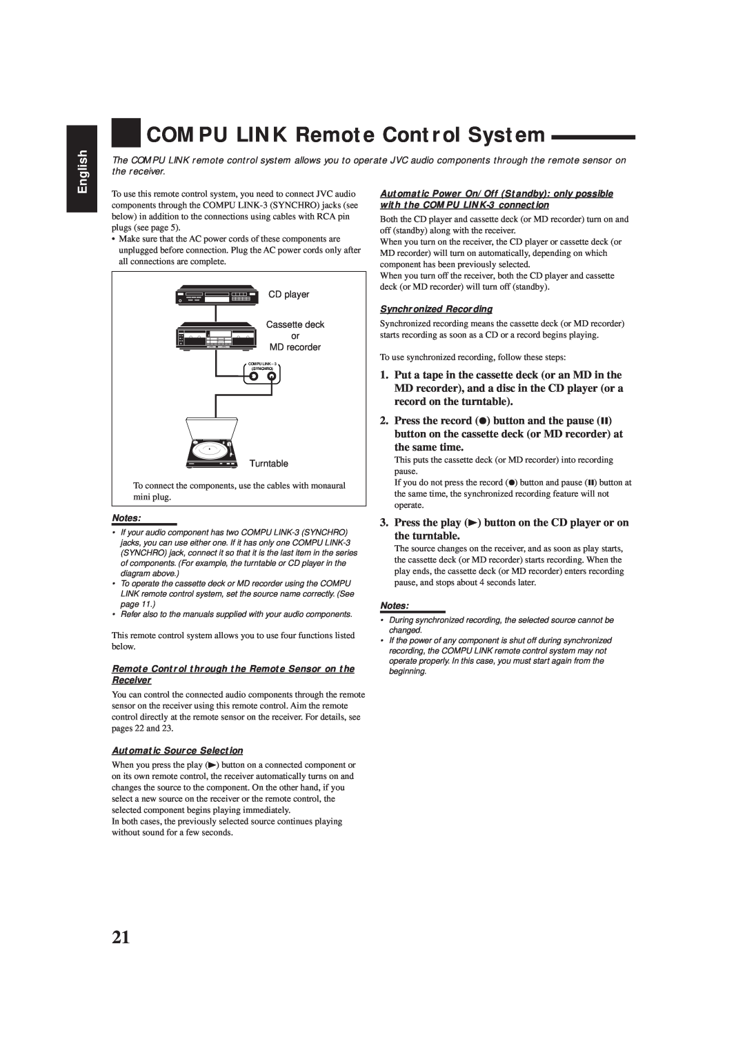 JVC RX-5001VGD manual COMPU LINK Remote Control System, English 