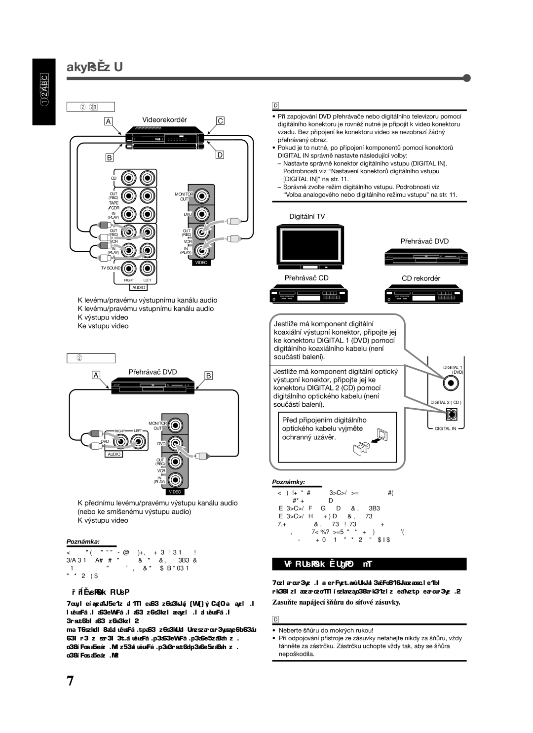 JVC RX-5022RSL manual Připojení napájecí šňůry, Digitální zapojení, Videorekordér, Digitální TV Přehrávač DVD Přehrávač CD 