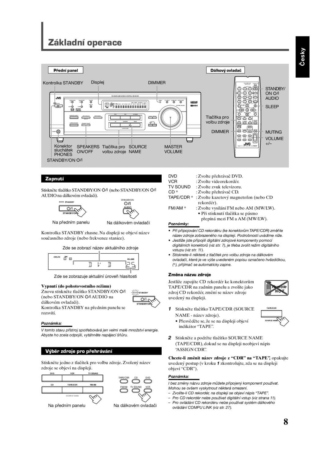 JVC RX-5022RSL manual Základní operace, Zapnutí, Výběr zdroje pro přehrávání, Změna názvu zdroje 