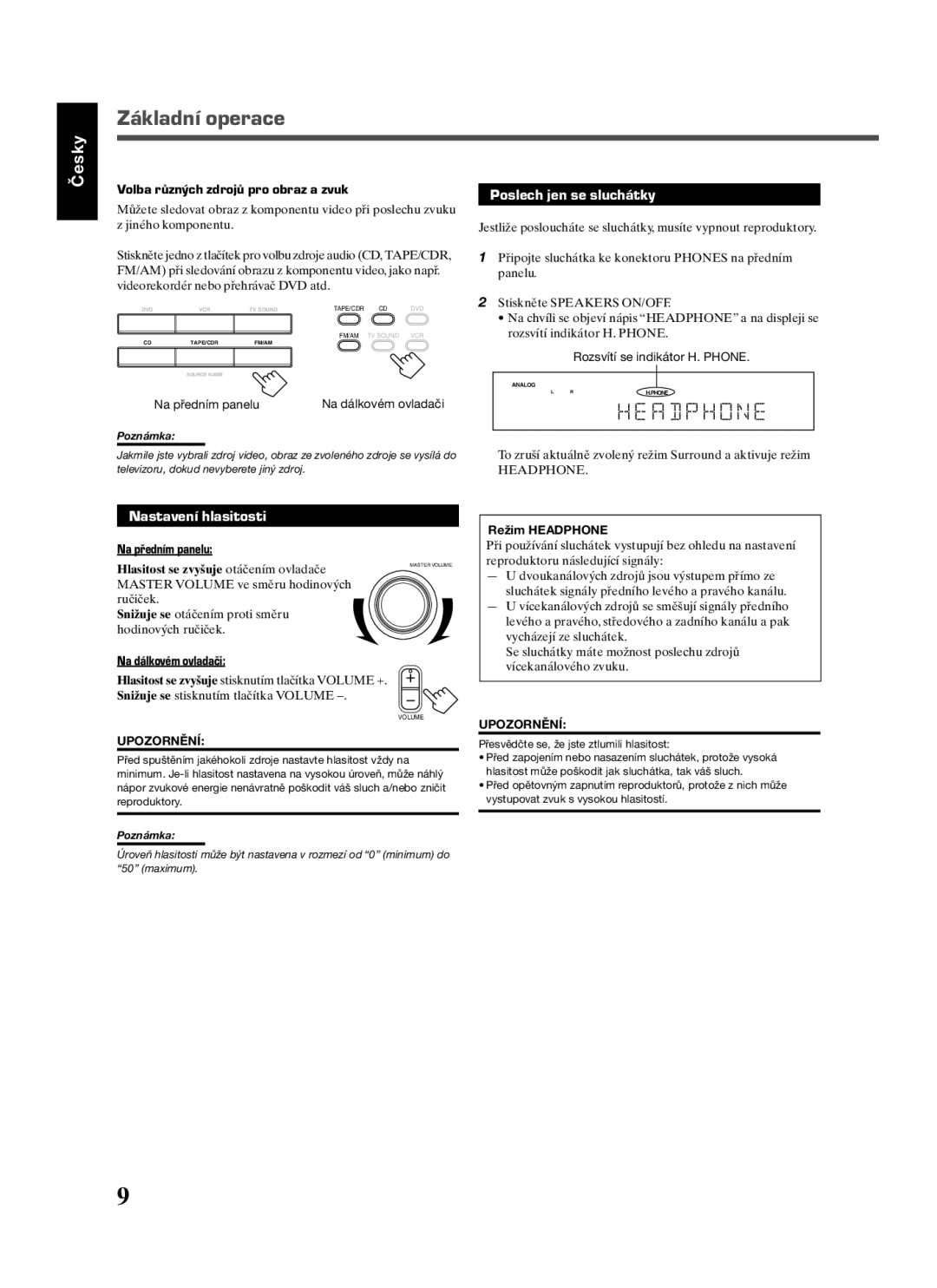 JVC RX-5022RSL manual Základní operace, Poslech jen se sluchátky, Nastavení hlasitosti 