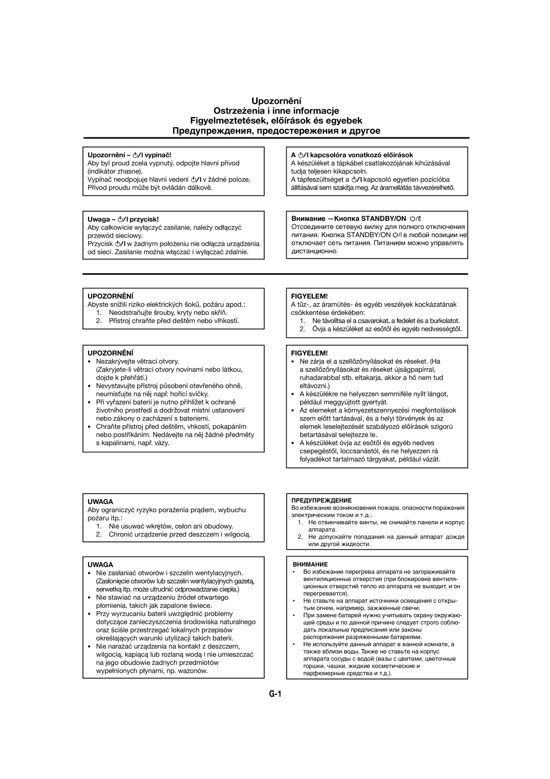 JVC RX-5022RSL manual Upozornění vypínač, Uwaga przycisk, Kapcsolóra vonatkozó előírások, Figyelem 