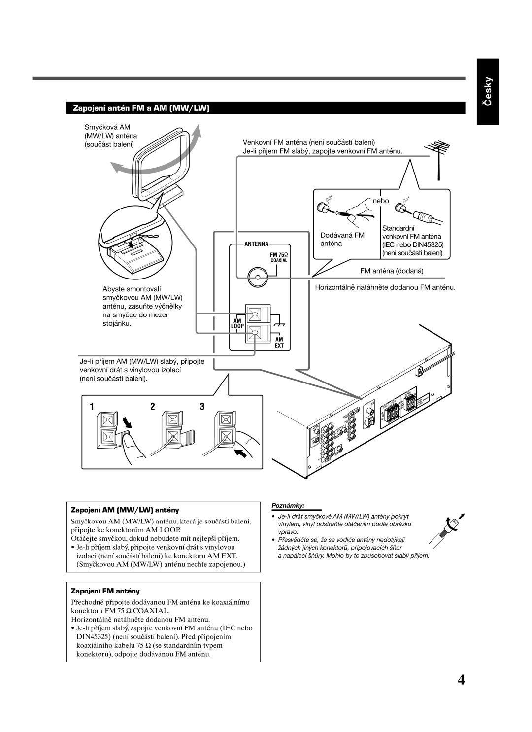 JVC RX-5022RSL manual Zapojení antén FM a AM MW/LW, Zapojení AM MW/LW antény, Zapojení FM antény 