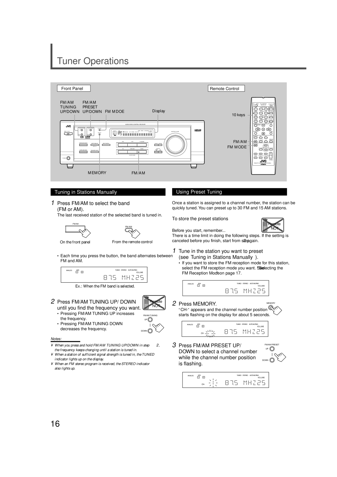 JVC RX-5022VSL, RX-5020VBK manual Tuner Operations, Tuning in Stations Manually, Using Preset Tuning 