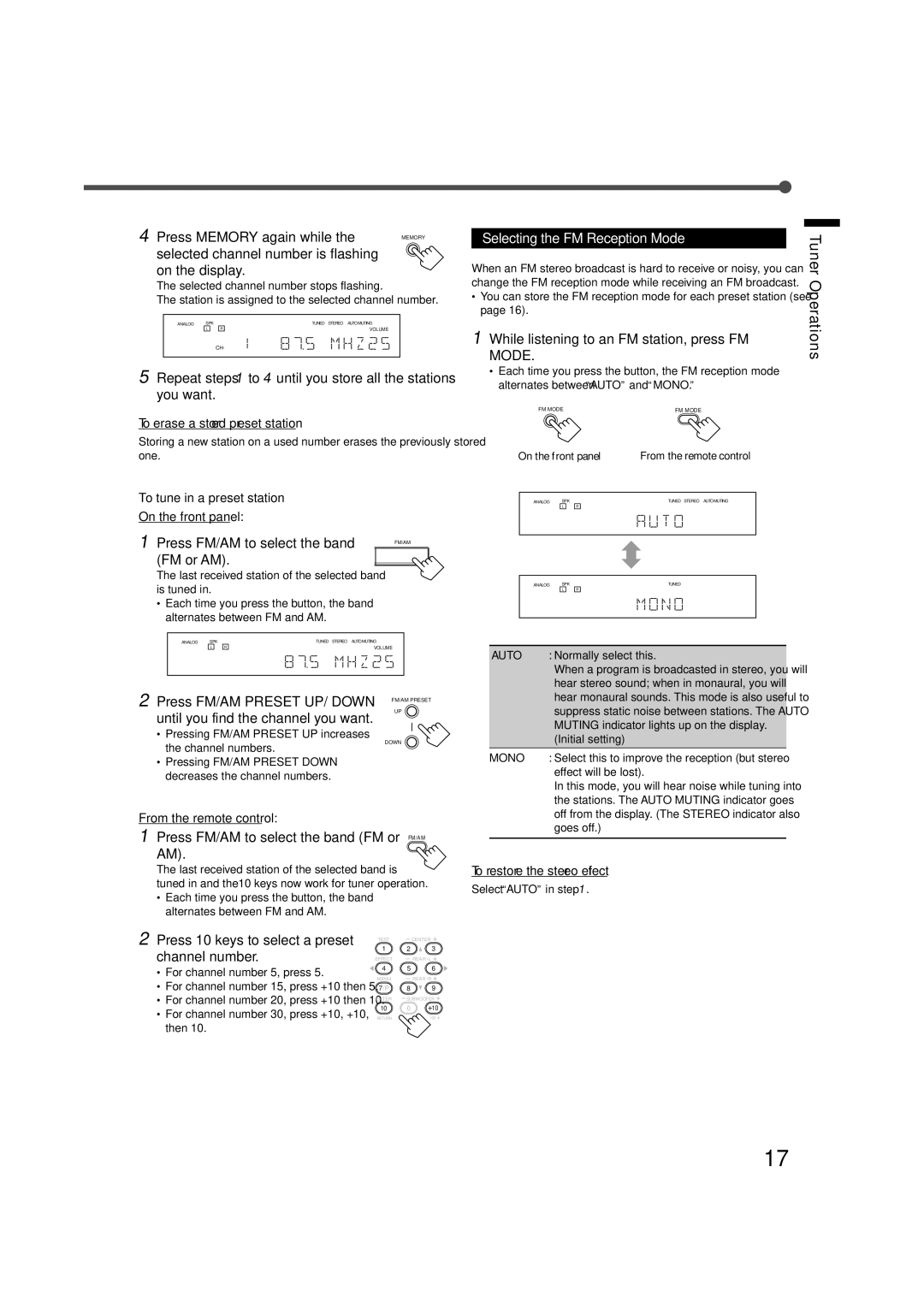 JVC RX-5020VBK, RX-5022VSL manual Selecting the FM Reception Mode 